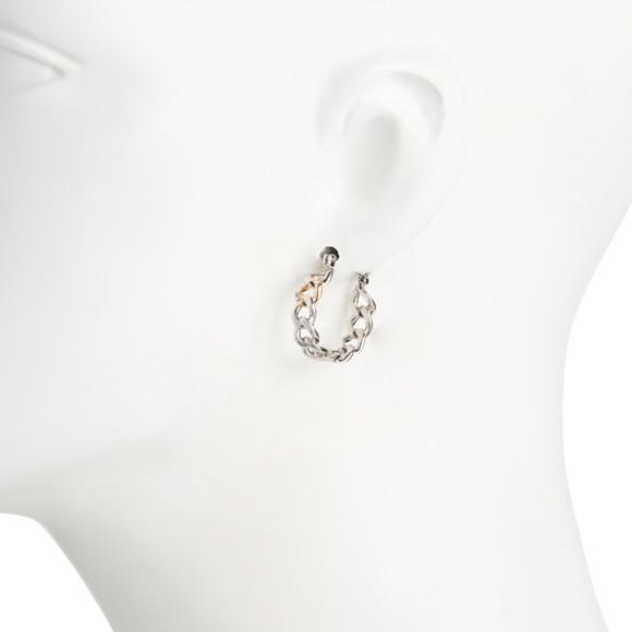 AllSaints Small Frozen Curb Chain Two Tone Brass Metal Accents Hoop Earrings New - Picture 2 of 2